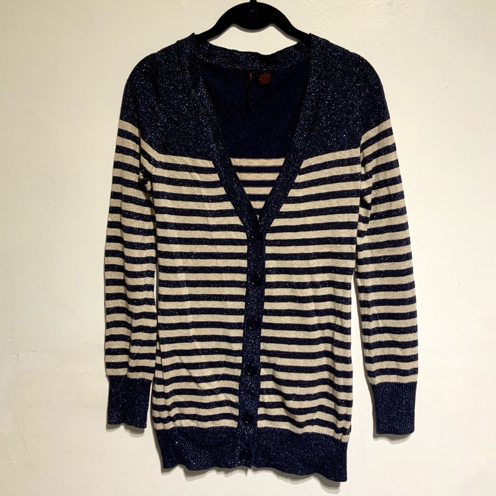 Shimmery Navy & Gold Striped Extra Long Cardigan